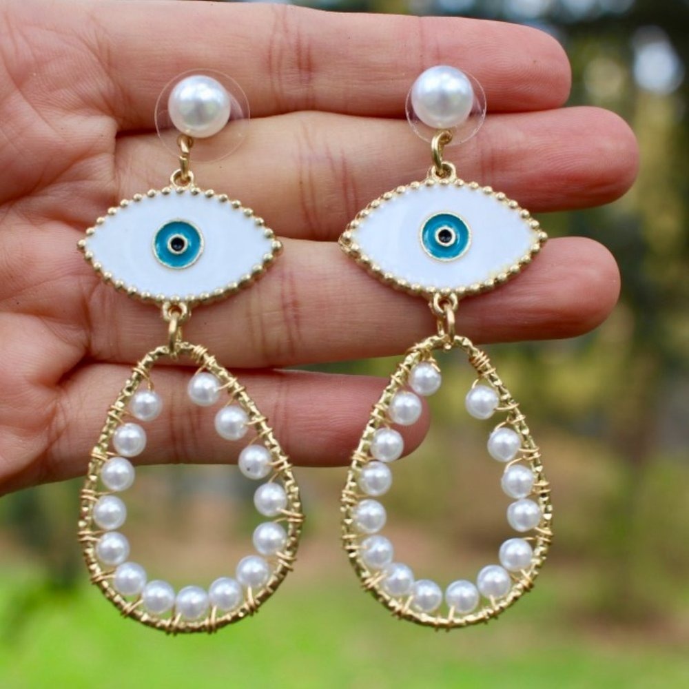 New Teardrop Pearl Against Evil Eye Drop Earrings